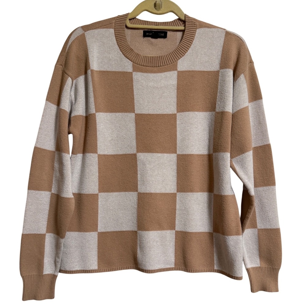 Social Scene Tan White‎ Checkered Crew Neck Knit Sweater Womens Medium
